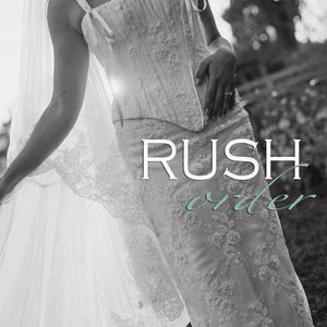 May include: A bride wearing a white lace wedding dress with a veil. The text "Rush order" is written on the dress.