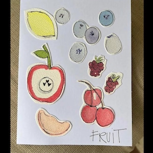 Linda tarjeta de felicitación con frutas en acuarela