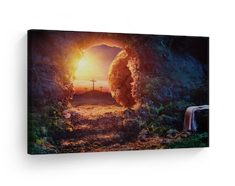 Christianity Canvas Wall Art Crucifixion At Sunrise Empty Tomb With Shroud Resurrection Of Jesus Christ Living Room Bedroom Office