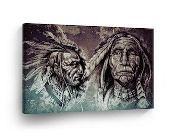Indian Art Two Native Americans at Wall CANVAS PRINT Indian Decor Decorative Wall Art Gallery Stretched and Ready to Hang