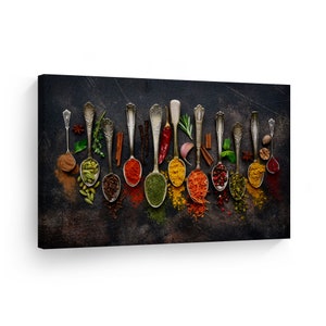 Colorful Spices in Vintage Spoons Kitchen Canvas Wall Art Print Restaurant Cafe Dining Room Farmhouse Decor Modern Kitchen Decor