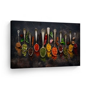 May include: A collection of various spices in antique silver spoons on a dark gray background. The spices include red pepper flakes, turmeric, cumin, coriander, cardamom, and more.
