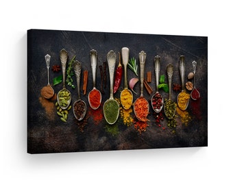 May include: A collection of various spices in antique silver spoons on a dark gray background. The spices include red pepper flakes, turmeric, cumin, coriander, cardamom, and more.