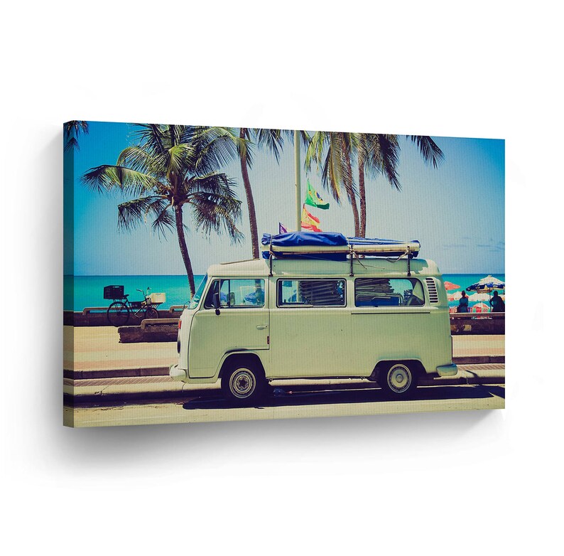 Classic Volkswagen Van Green At The Beach Palm Trees Canvas - Volkswagen Van Room Decor