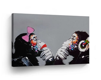 Banksy Wall Art CANVAS PRINT Lovers DJ Monkey Gorilla and His Girl Friend Home Decor Artwork  Stretched Ready to Hang