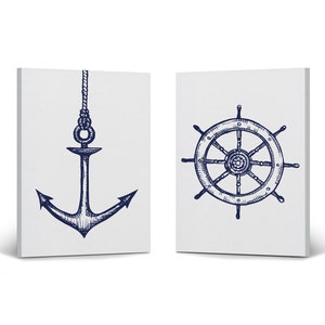 Anchor and Ship Wheel Navy Blue White Nautical Decor 2 Pieces Canvas Print set Coastal Wall Art Home Decor Stretched Ready to Hang