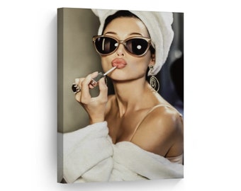Audrey Hepburn Style Make Up Canvas Print Colored Pop Art Home Decor Iconic Wall Art Gallery Wrapped Canvas Art Stretched Ready to Hang