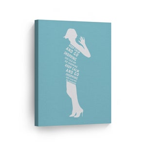 Keep Calm and Go Shopping Lady Silhouette Blue Typography Glam Fashion Wall Art Canvas Print Women Bedroom Living Room Ready to Hang