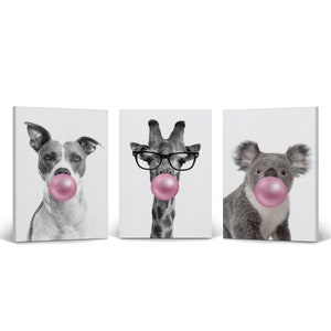 Dog Giraffe Koala Animal Bubble Gum Art 3 Panel Canvas Print Set Pink Black and White Wall Art Home Decor  Living Room Kids Room