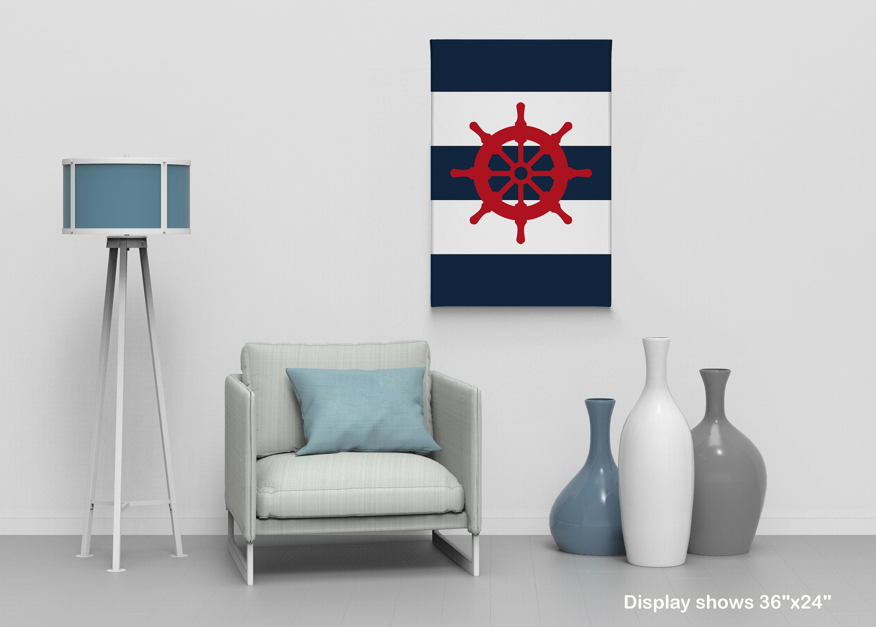 Ship Wheel Red Illustration Navy Blue and White Striped | Etsy