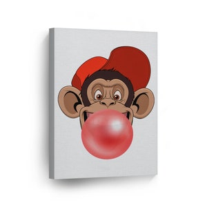 Funny Young Monkey Gorilla with Cap Animal Bubble Gum Art Red Chewing Gum Canvas Print Animal Art Home Decor Wall Art Ready to Hang