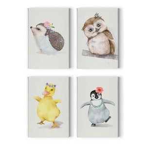 Cute Hedgehog Owl Duck Penguin Wall Decor 4 Panel Canvas Print Set Kids Room Decor Wall Art Baby Gift Decor Nursery Decor