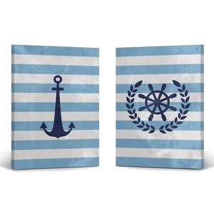 Anchor Ship Wheel Navy Blue Blue White Striped Nautical Decor 2 Pieces Canvas Print set Coastal Wall Art Home Decor Stretched Ready to Hang