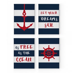 Anchor Ship Wheel and Quotes Navy Blue and White Striped Nautical Decor 4 Pieces Canvas Print set Coastal Wall Art Home Decor Ready to Hang