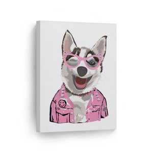 Happy Husky Dog Pink Jacket and Glasses Illustration Animal Canvas Wall Art Print Pet Owner Dog Lover Gift Kids Baby Nursery Decor