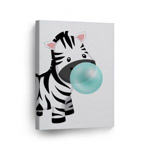 Cute Zebra Animal Bubble Gum Art Teal Blue Chewing Gum Canvas Print Black and White Wall Art Animal Print Home Decor Ready to Hang