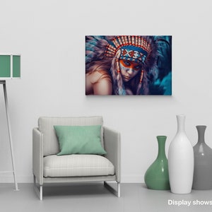 May include: A woman wearing a colorful Native American headdress with feathers and beads. The headdress is blue, red, orange, and white. The woman has blue eyeshadow and red lipstick. The background is a blurred blue and green.