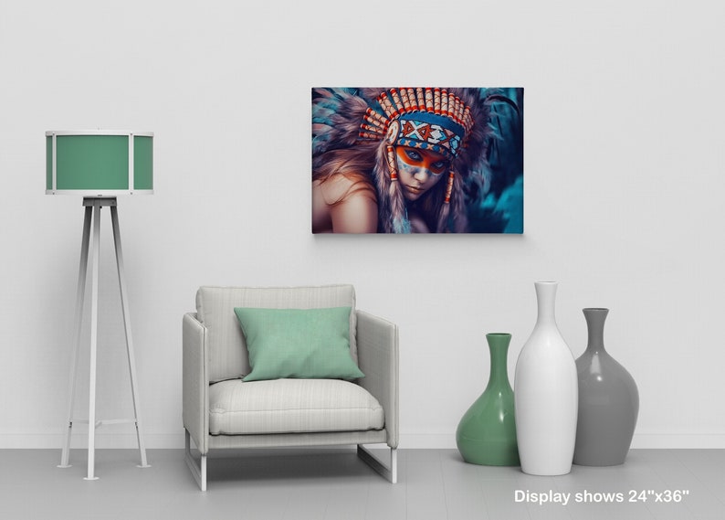 May include: A woman wearing a colorful Native American headdress with feathers and beads. The headdress is blue, red, orange, and white. The woman has blue eyeshadow and red lipstick. The background is a blurred blue and green.