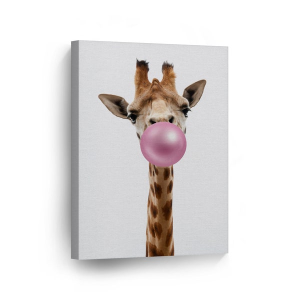 Portrait of Giraffe Pink Bubble Gum Canvas Wall Art Print African Safari Animal Pop Art Bedroom Kids Baby Nursery Room Decor