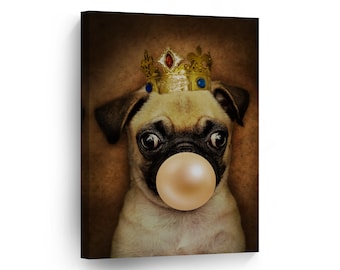 Portrait of King Pug with Crown Orange Bubble Gum Canvas Wall Art Print Pet Dog Animal Pop Art Bedroom Kids Baby Nursery Room Decor