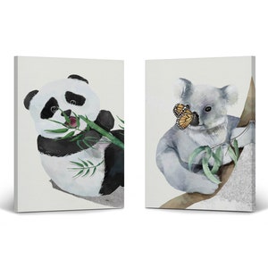 Cute Panda and Koala Watercolor Paint Wall Decor 2 Panel Canvas Print Set Kids Room Decor Wall Art Baby Gift Decor Nursery Decor