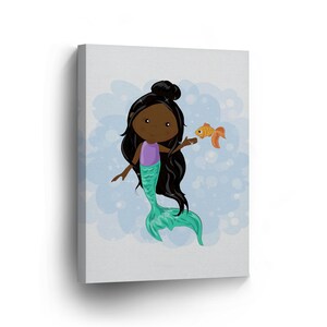 Cute African American Art Mermaid Decor Cute Fish White Background CANVAS PRINT Kids Room Decor Wall Art Baby Girl Baby Gift Nursery Decor