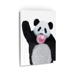 Cute Panda Animal Bubble Gum Art Pink Chewing Gum Metal Print Wall Art Home Decor Living Room Metal Decor Kids Room Decor Nursery Decor