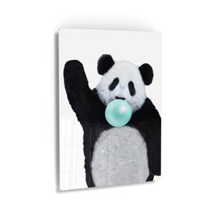 Cute Panda Animal Bubble Gum Art Teal Blue Chewing Gum Metal Print Wall Art Home Decor Metal Decor Kids Room Decor Nursery Decor