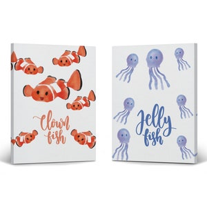 Cute Clown Fish Jellyfish Watercolor White 2 Panel Canvas Print Set Animal Nursery Art Kids Nursery Decor Nursery Wall Art Ready to Hang
