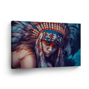 May include: A woman with blue eyes and red and orange face paint wears a traditional Native American headdress with blue, red, and white feathers. The headdress is decorated with beads and has a blue and white beaded band.