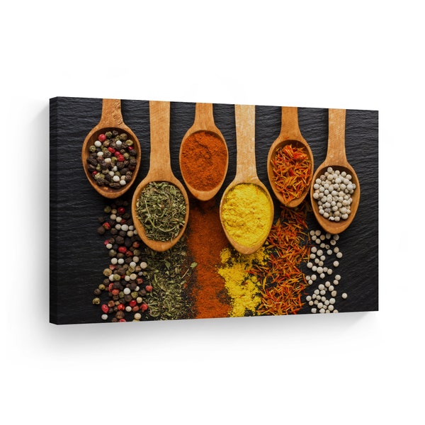 Colorful Indian Spices in Wooden Spoons Kitchen Canvas Wall Art Print Restaurant Cafe Dining Room Farmhouse Decor Modern Kitchen Decor