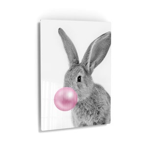 Bunny Rabbit Animal Bubble Gum Art Pink Metal Print Wall Art Home Decor Pop Art Living Room Metal Print Decor Kids Room Decor Nursery Decor