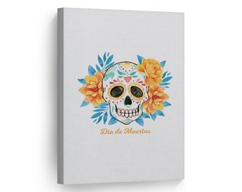 Dia De Los Muertos Watercolor Sugar Skull with Flowers Day of the Dead Metal or Canvas Print Mexican Wall Art Living Room Wall Home Decor