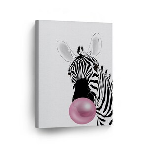 Zebra Animal Bubble Gum Art Pink Chewing Gum Canvas Print Black and White Wall Art Animal Prints Pop Art Home Decor Animal Art Ready to Hang