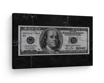 May include: A black and white image of a $100 bill with a portrait of Benjamin Franklin. The bill has the words "Federal Reserve Note" and "United States of America" printed on it. The bill also has the serial number "KB 51467758 B" printed on it.