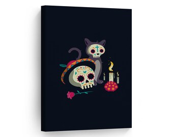 Day of the Dead Mexican and Cat Sugar Skulls with Rose Dia De Los Muertos Metal or Canvas Print Mexican Wall Art Living Room Wall Home Decor