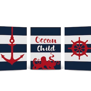 Anchor Ship Wheel Ocean Child Quote Navy Blue White Striped Nautical Decor 3Piece Canvas Print set Coastal Wall Art Home Decor Ready to Hang