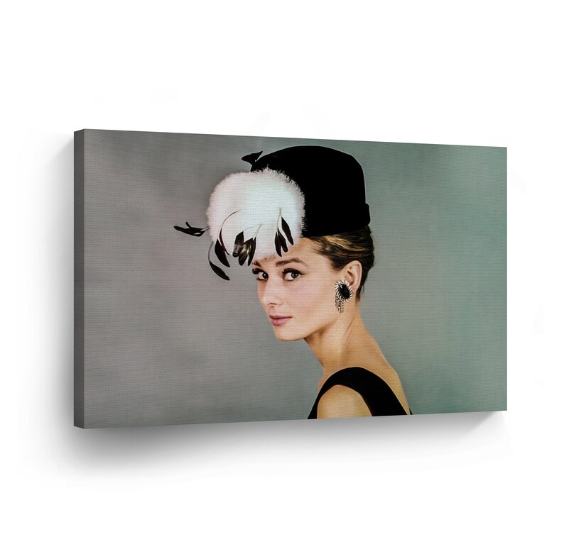 Audrey Hepburn Feather Hat Gray Background Canvas Print Home Etsy