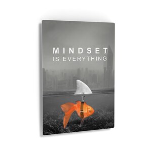 Mindset is Everything Metal Print Black White Fish Shark Entrepreneur Inspirational Motivational Quote Wall Art Living Room Office Decor