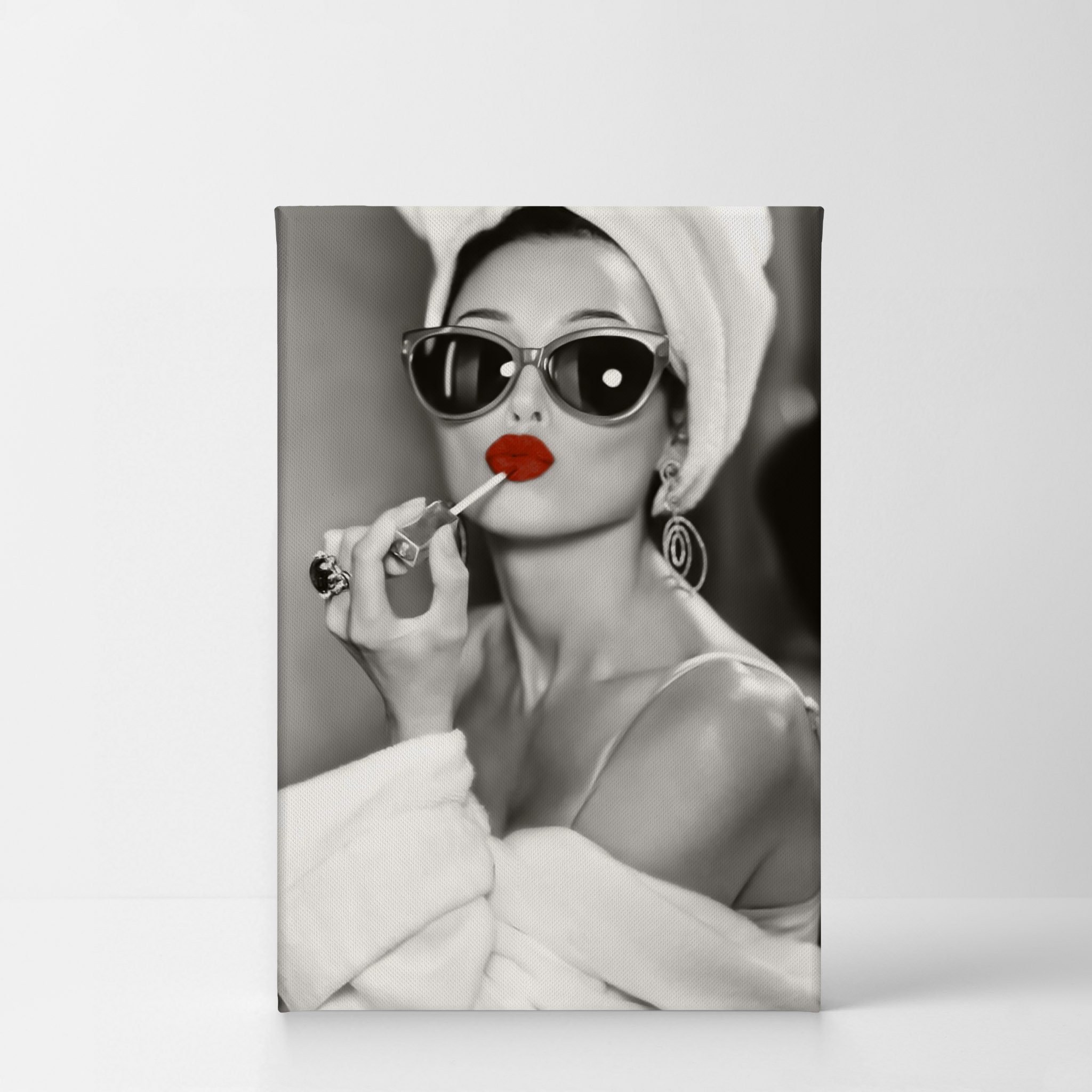 Audrey Hepburn Style Make up Canvas Print Black and White Red Lips