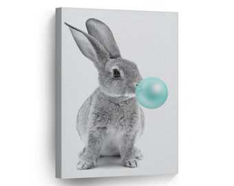 Cute Bunny Rabbit Bubble Gum Teal Blue Canvas Print Animal Art Animal Prints Pop Art Home Decor Wall Art Gallery Stretched Ready to Hang