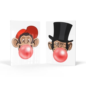 Funny Monkeys Young and Senior Animal Bubble Gum Art 2 Panel Metal Print Set Red Gum Wall Art Kids Room Nursery Decor Ready to Hang