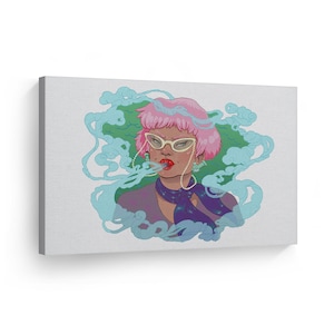 Smoke Wall Art Canvas Wall Art Print Old Lady with Pink Hair Hemp Art Marijuana WeedHome Decor Artwork Living Room Office Decor
