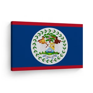 May include: The flag of Belize features a blue field with a red stripe at the top and bottom. The center of the flag displays the national coat of arms, which depicts two men holding axes and a ship sailing on a body of water. The coat of arms is surrounded by a wreath of green leaves and the words "Sub Umbra Floreo" are written below.
