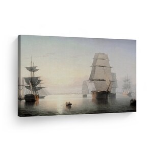 Boston Harbor, Sunset, Fitz Henry Lane Classic Art Canvas Wall Art Print Famous Oil Painting Reproduction Living Room Bedroom Home Decor