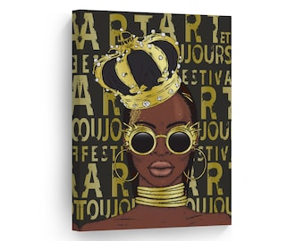 African American Art Woman with Gold Crown Black Pop Art Canvas Wall Art Print American African American Art Living Room Bedroom Decor