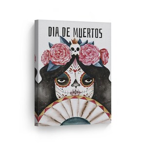 Dia De Los Muertos Makeup Girl Flowers Watercolor Sugar Skull Day of the Dead Metal or Canvas Print Mexican Wall Art Living Room Home Decor