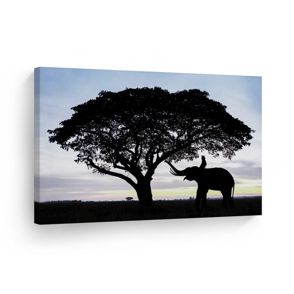 Elephant with Tree Portrait African Landscape Wild Animal Canvas Wall Art Print Nature Safari Exotic Wildlife Kids Baby Nursery Room Decor