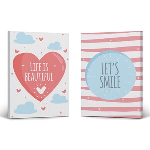Life is Beautiful Let&#39;s Smile Motivational Quote Heart 2 Panel Canvas Print Set Animal Nursery Art Kids Decor Wall Art Ready to Hang