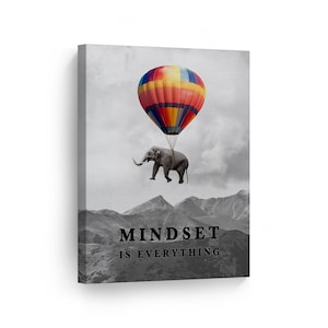 Mindset is Everything Colorful Elephant Black and White View Motivational Canvas Wall Art Print Entrepreneur Quote Office Decor